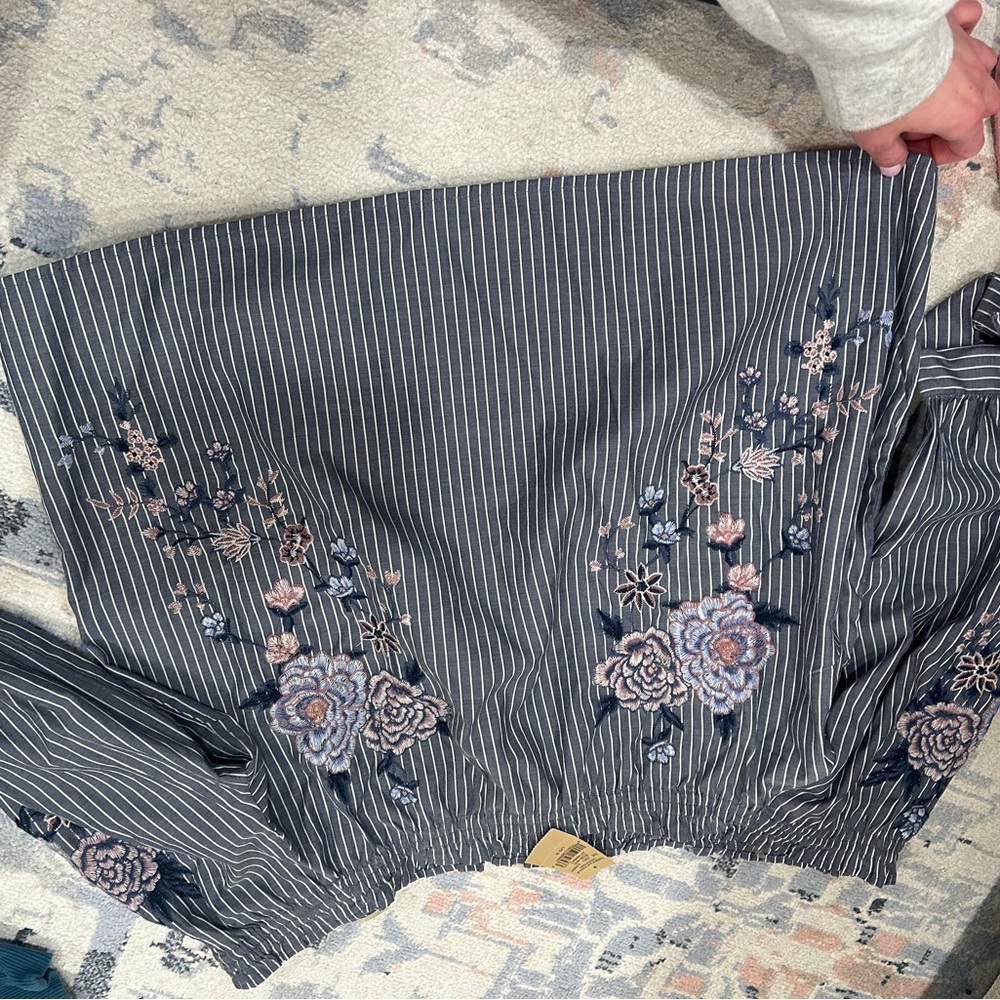 Floral Embroidered Striped Blouse
